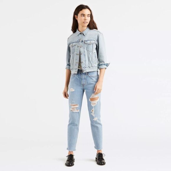 Levis Premium Wedgie Ankle Icon Blue Hi Rise Raw Hem Distressed Size 24 - Picture 1 of 15
